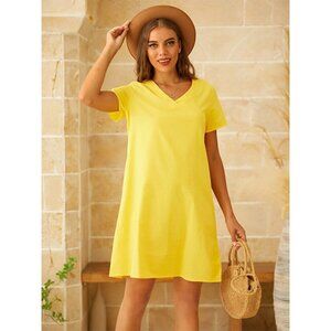 Yellow V-neck Solid Summer Casual Short Sleeve Short Dress